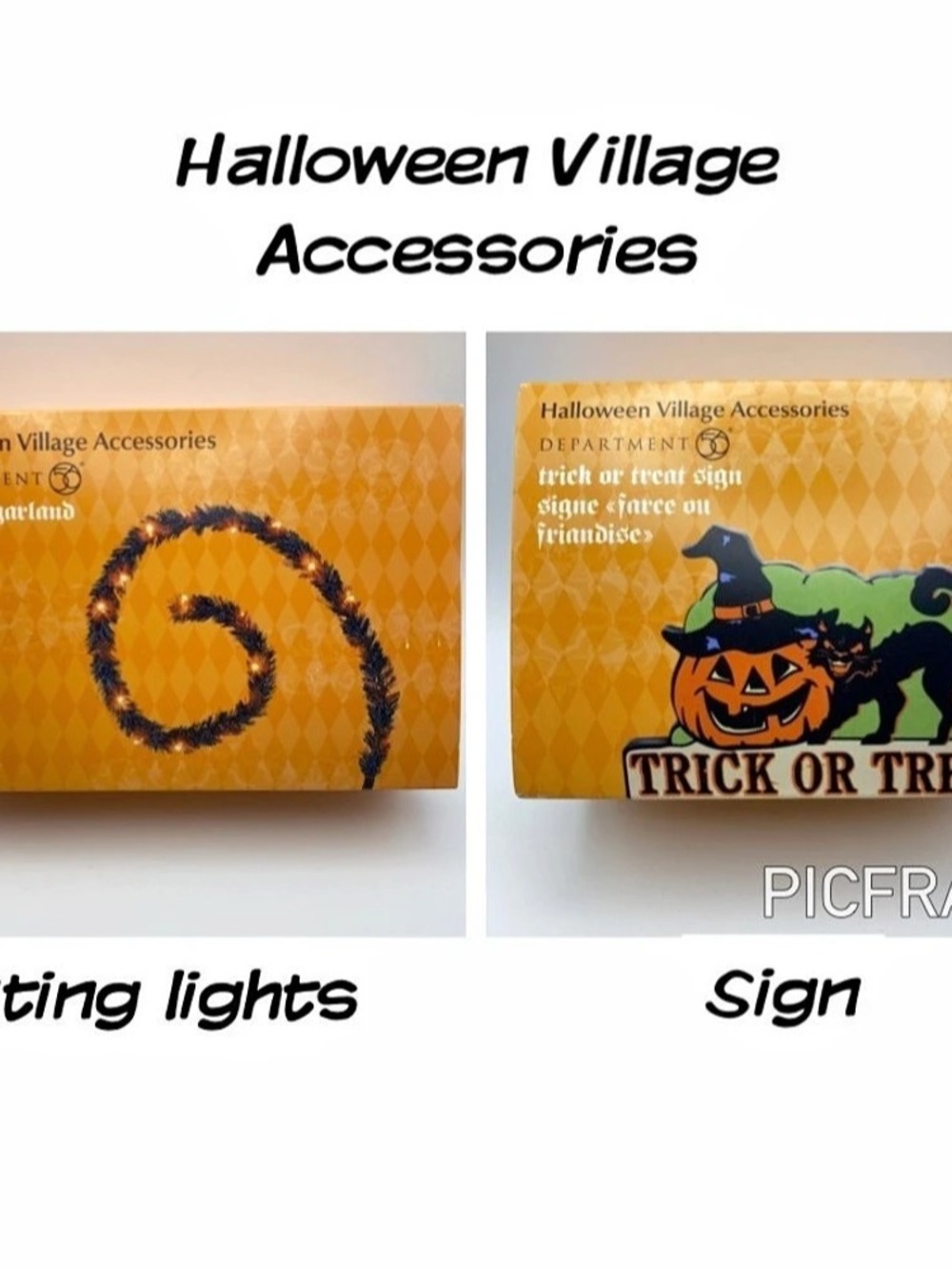 Bundle set of 2 Department 56 Trick or Treat Sign & Halloween village string lig